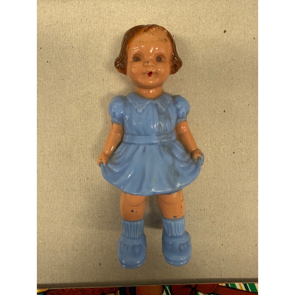 Vintage Hard Plastic Girl Doll Figurine Blue Dress 3.75 Inch Retro Toy